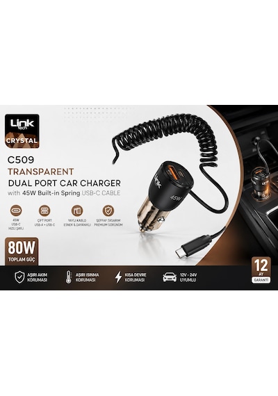 Linktech Araç Çakmaklık Süper Hızlı Şarj Aleti - 12v/24v Şeffaf Çift Pd & Qc Tip-c Kablolu 80w Süper