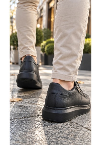 Mevese Roirraw Bağcıklı Ve Fermuarlı Cilt Erkek Günlük Sneaker Ayakkabı - Siyah