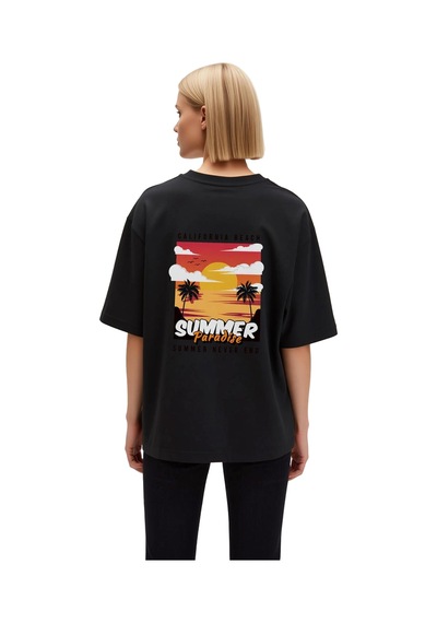 Paybuy Kadın Oversize Baskılı Tişört California Beach Sunset Palmiye Des Siyah
