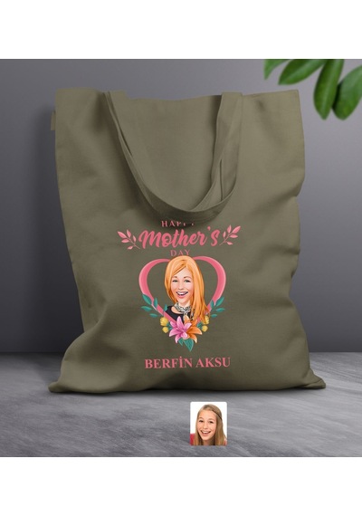 Bk Gift Kişiye Özel Anneler Günü Karikatürlü Haki Kumaş Bez Çanta, Baskılı Omuz Çantası, Alışveriş Çantası, Anneye Hediye-5 Haki