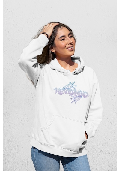 Oversize Desen Baskılı Unisex Hoodie Sweatshirt Beyaz