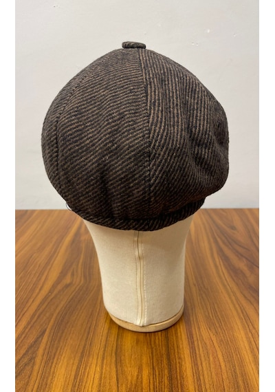 Hamze Peaky Blinders Model İngiliz Tarz Kaşe Kumaş Çizgili Kasket Şapka Kahverengi