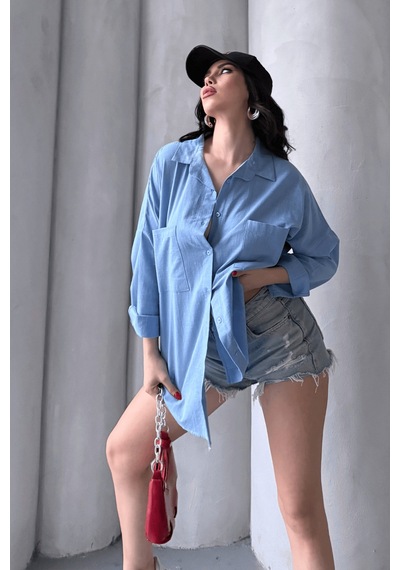 Paw Garage Kadın Harper Çift Cepli Oversize Keten Gömlek, 2025 Summer Collection Mavi