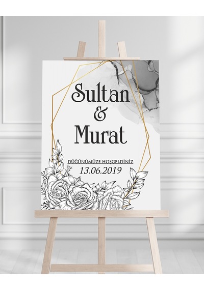 Söz Nişan Düğün İçin 50x70 Karşılama Panosu - Gri Renkli Çiçek Tasarımlı Beyaz