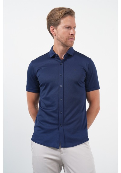 İmza Lacivert İtalyan Yaka Kısa Kol Cepsiz Slim Fit Pamuklu Gömlek 1004260158