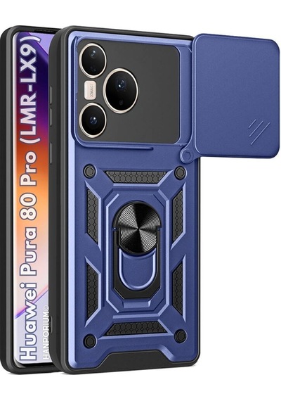 Huawei Pura 80 Pro Uyumlu Tank Kılıf - Yüzüklü Standlı Zırhlı Outdoor Kapak - Lacivert Lacivert