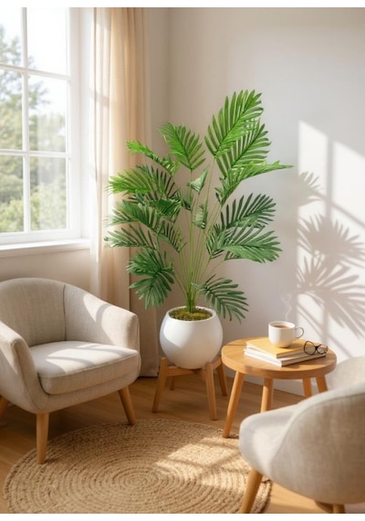 Yapay Ağaç 23 Yaprak Palmiye Ağacı Beyaz Küre Saksıda 90 60cm