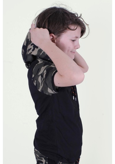 Panios Kids Kapşonlu Kamuflaj Desen Erkek Çocuk T-shirt Haki Yeşil