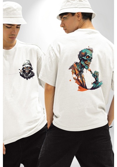 Zombi İskelet Kendine Yumruk Beyaz Oversize Unisex Ön Ve Sırt Baskılı Tişört Beyaz