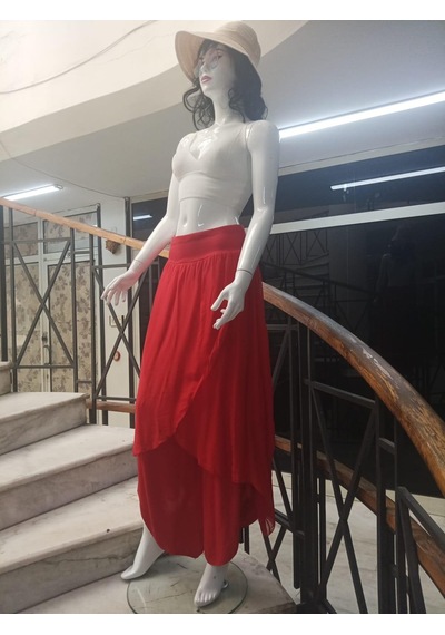 Bohem Stil Kadın Asimetrik Kapaklı Ipek Şalvar Pantolon-8775 Kırmızı