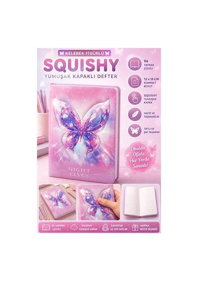 Kelebek Squıshy Yumuşak Kapaklı Defter 96 Yaprak 13x18cm 1 Adet Df-1318 Sukuşi Çizgili Defter Hediyelik Sevimli Defter Pembe