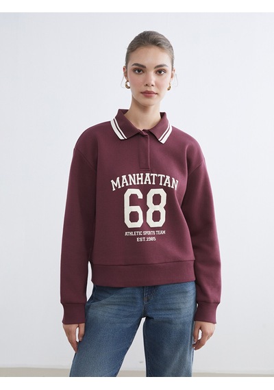 Lcw Modest Mürdüm Polo Yaka Manhattan Baskılı Kadın Kalın Sweatshirt