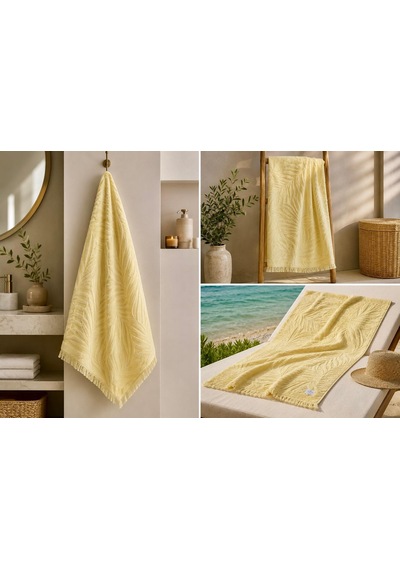 Ege Esintisi Yaprak Jakarlı Plaj & Banyo Havlusu - Limon Çiçeği %100 Pamuk Sarı