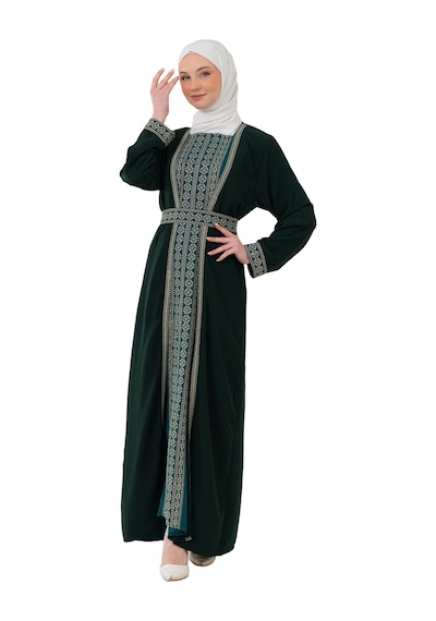 Zaytoon Nakışlı İç Elbiseli Ve Kemerli İki Parçalı Filistin Mirası Abaya Seti Yeşil