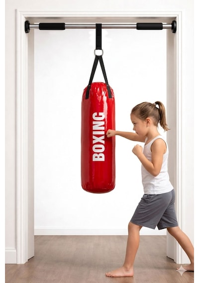 53 Cm x 20 Cm Çocuk Kırmızı Boks Torbası + Barfiks Asma Demiri Kırmızı