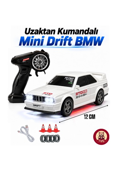 Uzaktan Kumandalı Mini Drift Bmw Evo30 Model Araba Dahili Şarjlı Işıklı 4x4 Taşıma Kumandalı Hız Hassasiyetli Ve Kademeli ,kuka Ve Drift Tekerleri Hediye 1:43 Ölçek Beyaz
