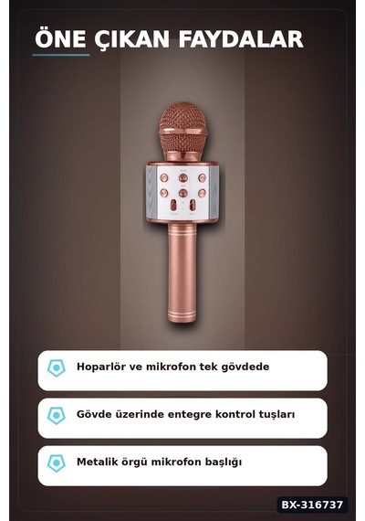 Karaoke Mikrofonlu Hoparlör Bluetooth Şarjlı Rose Gold Eko Ayarlı Usb Sd Bx-316737