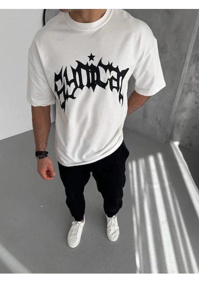 Freedom Storee Erkek Baskılı Bisiklet Yaka T-shirt - Beyaz Çok Renkli