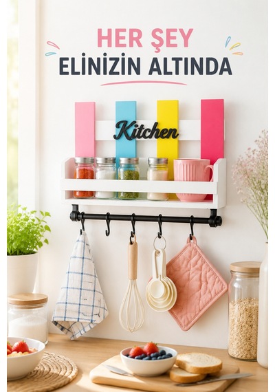 Dekoratif Kitchen Mutfak Rafı Baharatlık Ve 6 Kancalı Duvar Askısı Diğer