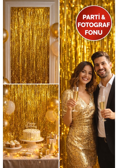 Gold Parlak Parti Perdesi 100x200 Cm Doğum Günü, Baby Shower, Fotoğraf Arka Fon 100 200