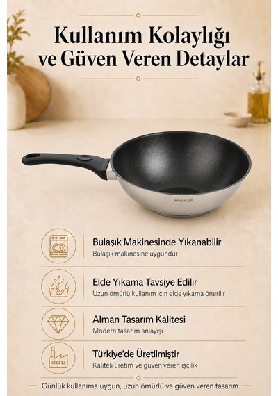 28 Cm Seramik İç Yüzeyli İndüksiyon Uyumlu Paslanmaz Çelik Wok Tava Gümüş
