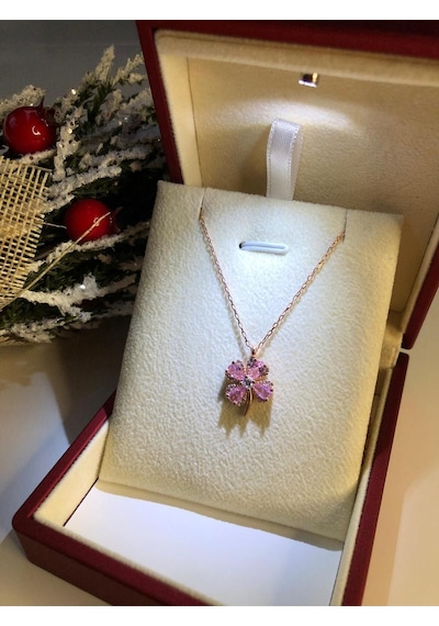 Pembe Taşlı 4 Yaprak Yonca 925 Ayar Gümüş Sevgiliye Eşe Anneye Arkadaşa İyi Şans Kolyesi