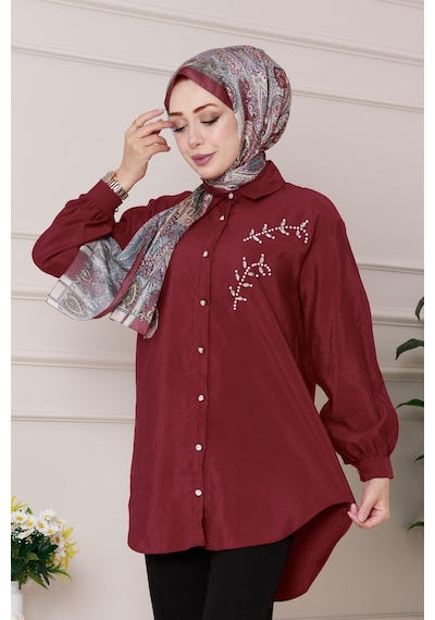 Sevitli Önü İnci Taş İşlemeli Tunik-bordo-4791 Bordo