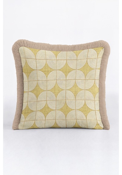 Geometrik Daire Motifli Saçaklı Yastık Kılıfı - Art Deco Şampanya Bej Vizon Püsküllü Kırlent Kılıfı Beyaz