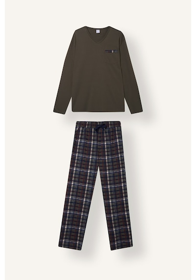 Defacto New Regular Fit V Yaka Uzun Kollu Ekose 2li Pijama Takımı I2975ax26aukh148 Haki-kh148