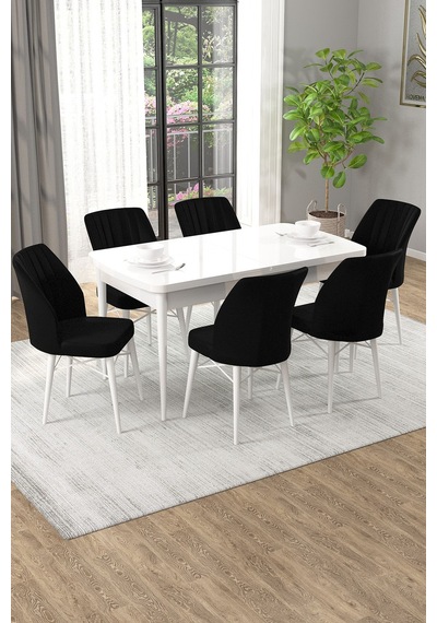 Arel Beyaz 80x132 Açılabilir Mdf Masa Yemek Odası Takımı, Mutfak Takımı 6 Adet Sandalye Beyaz Masa - 6 Siyah - Beyaz Ayak Arel Beyaz 80x132 Açılabilir Mdf Masa Yemek Odası Takımı, Mutfak Takımı 6 Adet Sandalye Beyaz Masa - 6 Siyah - Beyaz Ayak