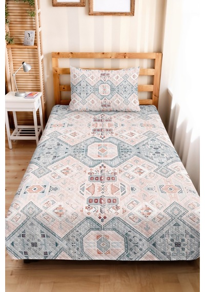 Geometrik Bohem Pudra Genç Odası Tek Kişilik Pike Takımı-etnik Mint 160x220 Cm Kapitone Yatak Örtüsü Naif Halı Fısıltısı