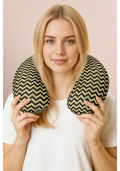 Zigzag Desenli Ergonomik Boyun Yastığı - Modern Altın Siyah Yumuşak Seyahat Yastığı Doygun Fırtına Fıstık Yeşili
