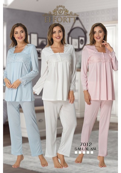 Effort Pijama Effortt 7012 Kolları Ve Yakası Dantelli Lohusa Pijama Takımı Mavi