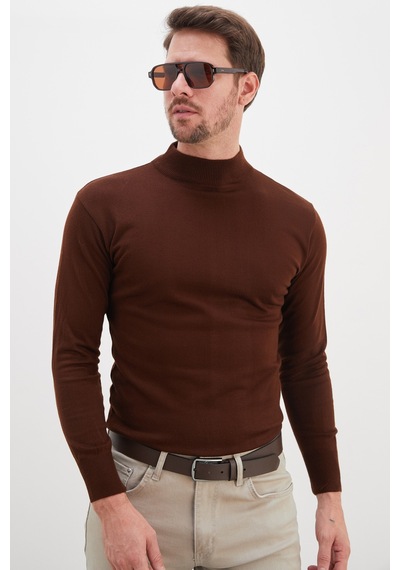Fullamoda Basic Dik Yaka Regular Fit Triko Kazak Kahve