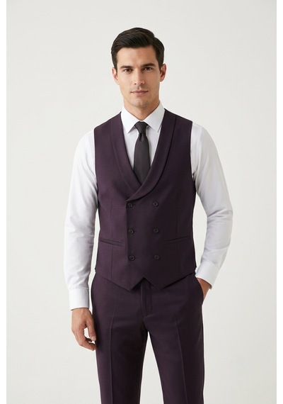 Bihan Store Erkek 6 Drop Slim Fit Yelekli Takım Elbise Çift Yırtmaç Altın Kuş Gözü - Mürdüm Bihan Store Erkek 6 Drop Slim Fit Yelekli Takım Elbise Çift Yırtmaç Altın Kuş Gözü - Mürdüm