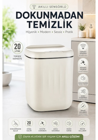 Akıllı Sensörlü 20 Litre Çöp Kovası Sessiz Kapaklı Modern Hijyenik Ev Tipi Çöp Kutusu