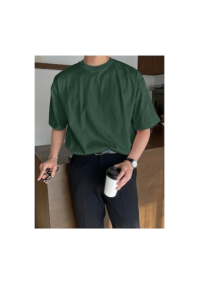 Tarz Cool Erkek Bisiklet Yaka %100 Pamuk T-shirt Haki