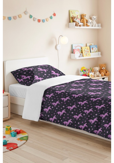Evimde Bambaşka Unicorn Yıldızlı Antrasit Kız Çocuk Pike Takımı - Pembe Mor Bebek Odası Yatak Örtüsü - 160x220  CM