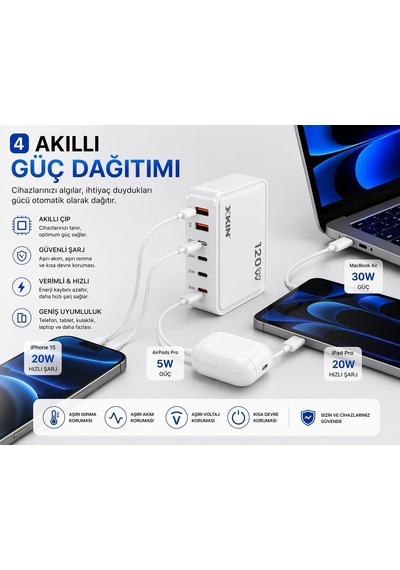 120w Gan Çok Portlu Şarj Cihazı, 6 Port, 2x Usb-a 3a + 3x Usb-c 20w + 1x Usb-c 30w, Beyaz Beyaz