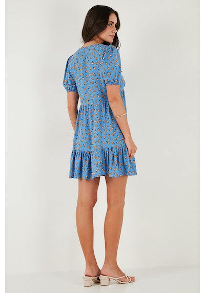 Lela Regular Fit V Yaka Balon Kol Desenli Mini Bayan Elbise 67810045 Mavi