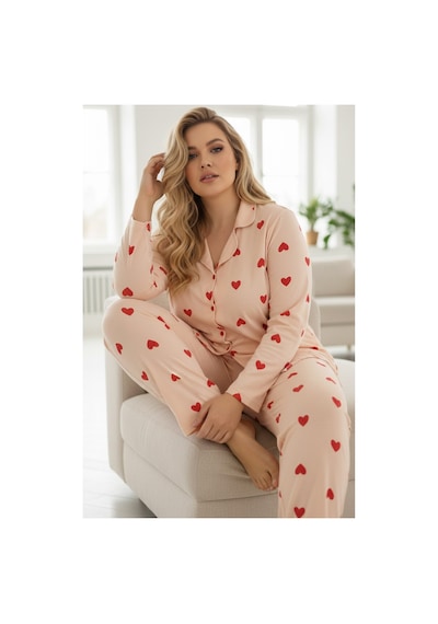 Siyah İnci Curve Büyük Beden Battal Boy Düğmeli Pamuklu Pijama Takımı 7617 Somon Siyah İnci Curve Büyük Beden Battal Boy Düğmeli Pamuklu Pijama Takımı 7617 Somon