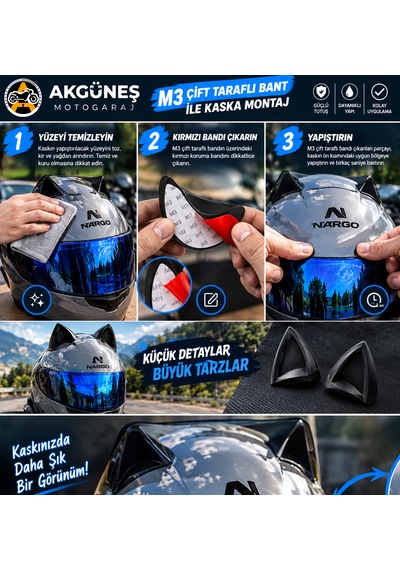 Kask Kedi Kulağı Abs Plastik Evrensel Kask Aksesuarı M3 Çift Taraflı Bantlı Mat Siyah