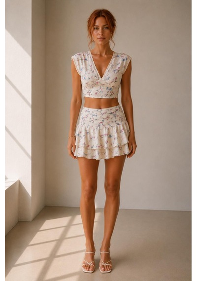 Alexandergardi Floral Dantel Detaylı Crop Top Ve Etek Ekru