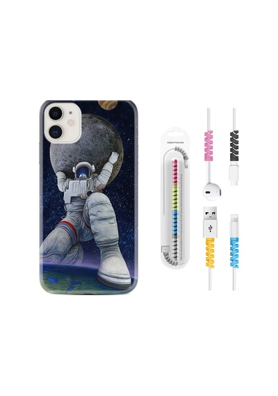 Apple Uyumlu iPhone 12 Kılıf Kablo Koruyuculu Astronot Ve Dünya 1759