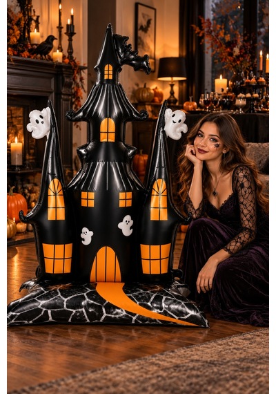 Halloween Cadılar Bayramı Ayaklı Perili Şato Folyo Balon 106 Cm Siyah Turuncu Hayaletli Oda Süsü Çok Renkli