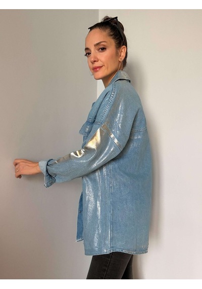 Ali Butik Mavi Renk Gümüş Varaklı Denim Oversize Gömlek Mavi