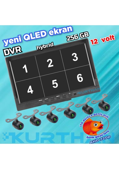 Ledsiz 6 Adet Ahd 720p Balık Gözü Kelebek Kamera 6 Kanallı 10'' Hybrid Dvr Monitör 12 V 256 Gb