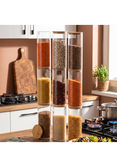 Porsima 3-3 Bambu Vakumlu Kapaklı Yuvarlak Borosilikat Cam 9lu Kavanoz Seti Saklama Kabı 1650ml 10x25cm Şeffaf