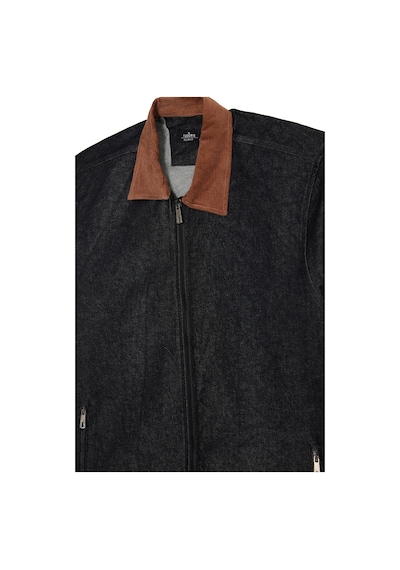 Tudors Erkek Regular Fit Rahat Kesim Kadife Yaka Fermuarlı Denim Siyah Ceket Gömlek-46099 Siyah