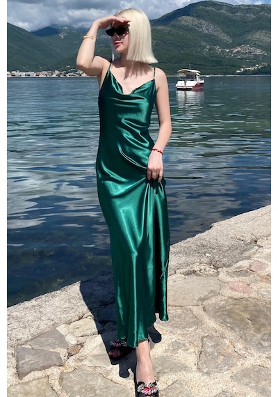 Madmext Mad Girls Yeşil Uzun Saten Elbise Mg1408 Yeşil